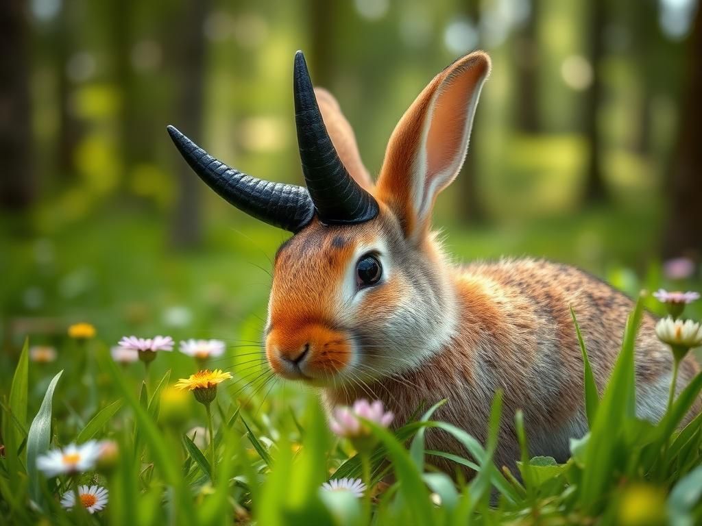 Flick International Close-up of a wild cottontail rabbit with horn-like growths on its head