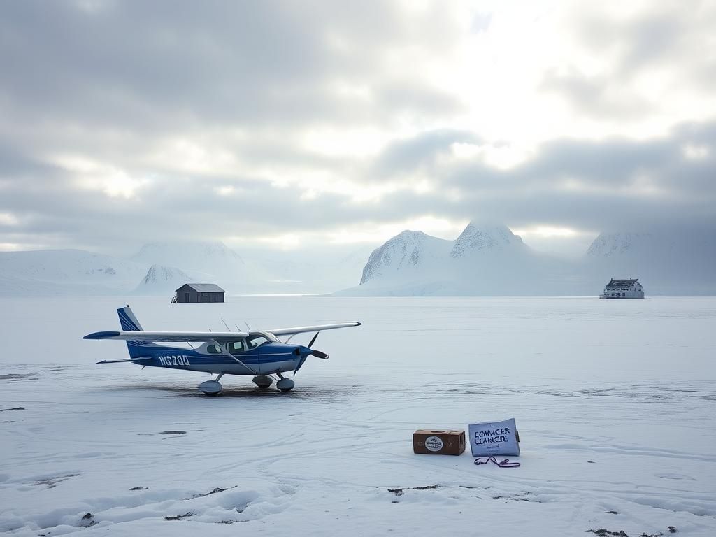Flick International Sole Cessna 182Q plane parked on rugged Antarctic landscape with snow-covered military base in background