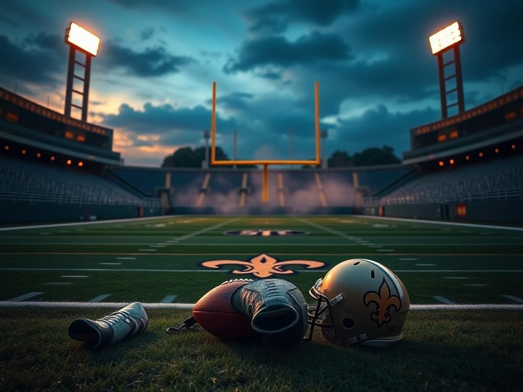 Flick International A dramatic sunset over an empty football stadium with the New Orleans Saints logo at its center, accompanied by scattered gear that includes a football and helmet.