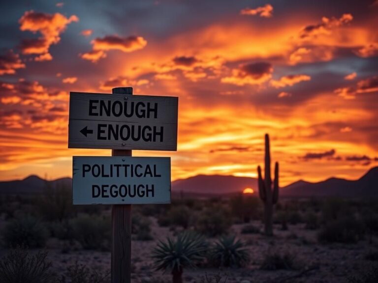 Flick International Serene desert landscape in Arizona at sunset with a weathered signpost symbolizing political discourse