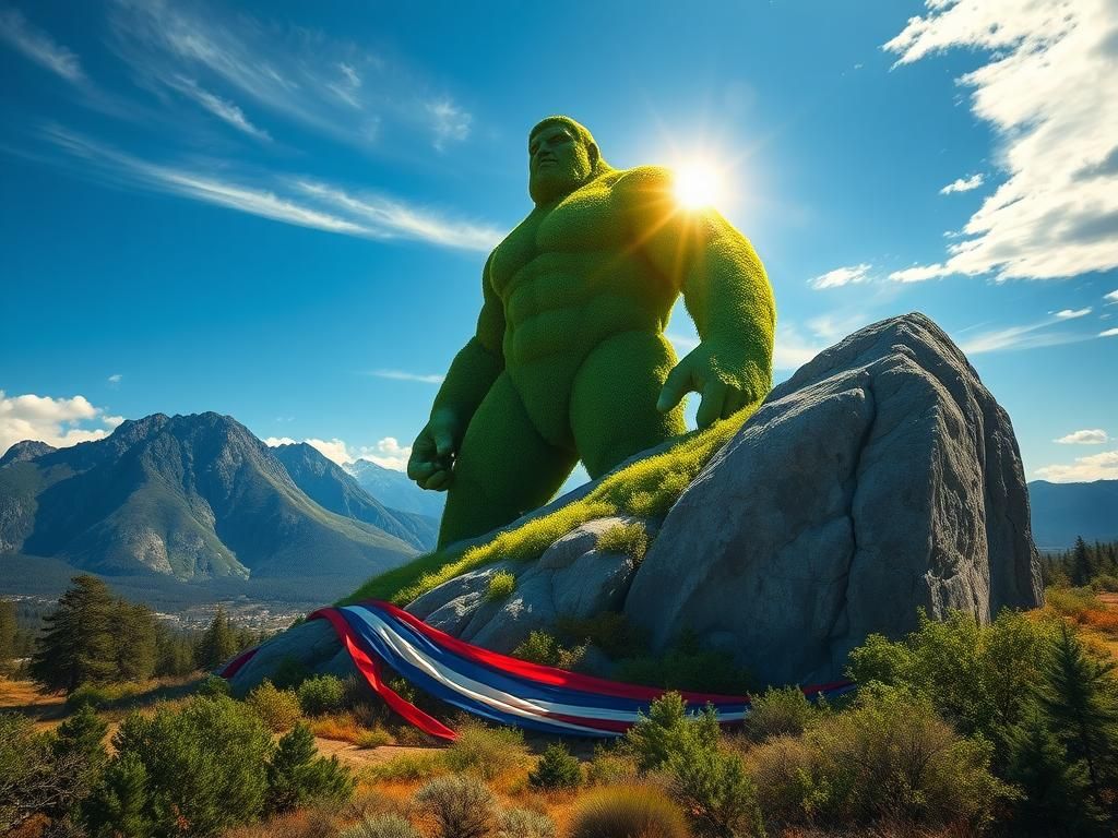Flick International Massive hulking figure made of green foliage and rock symbolizing strength and transformation