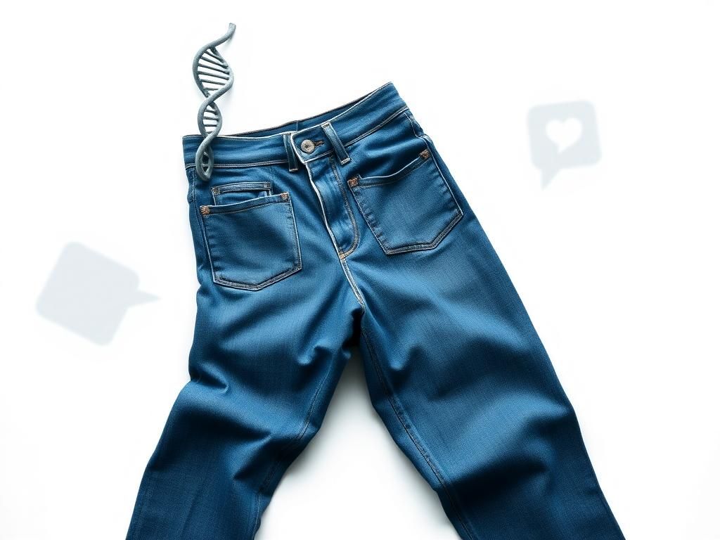 Flick International Close-up of stylish blue jeans with DNA strands suggesting a connection between genetics and fashion