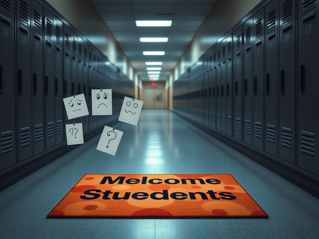 Flick International Empty school hallway with lockers and scattered papers illustrating mental health concerns