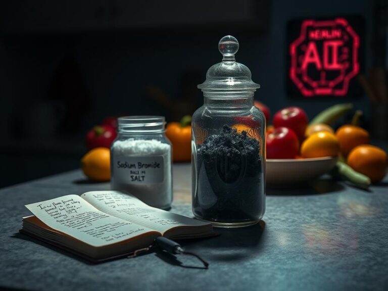 Flick International Ornate glass jar filled with dark sodium bromide next to table salt on a kitchen countertop