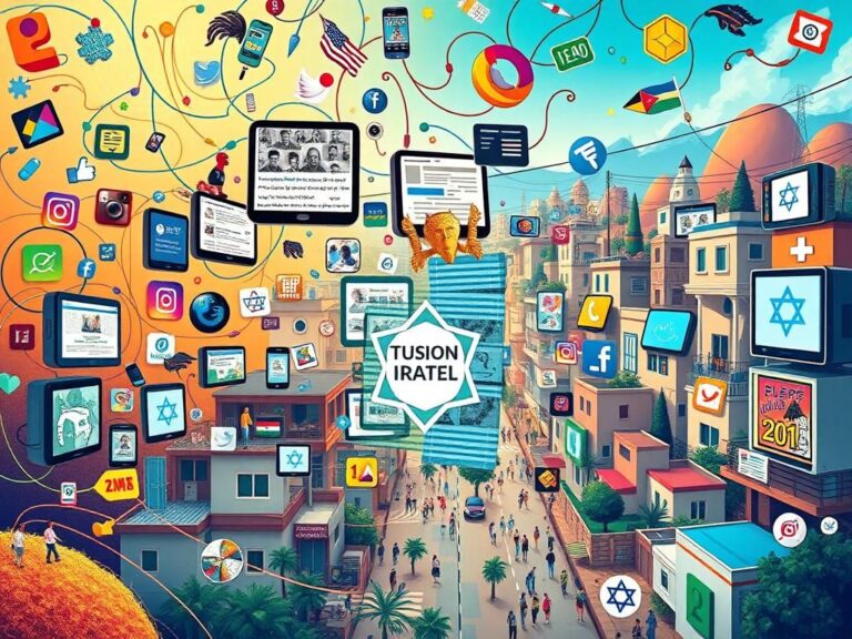 Flick International A vibrant digital representation of social media icons and distorted memes contrasted with authentic imagery of Israeli culture and landscapes.