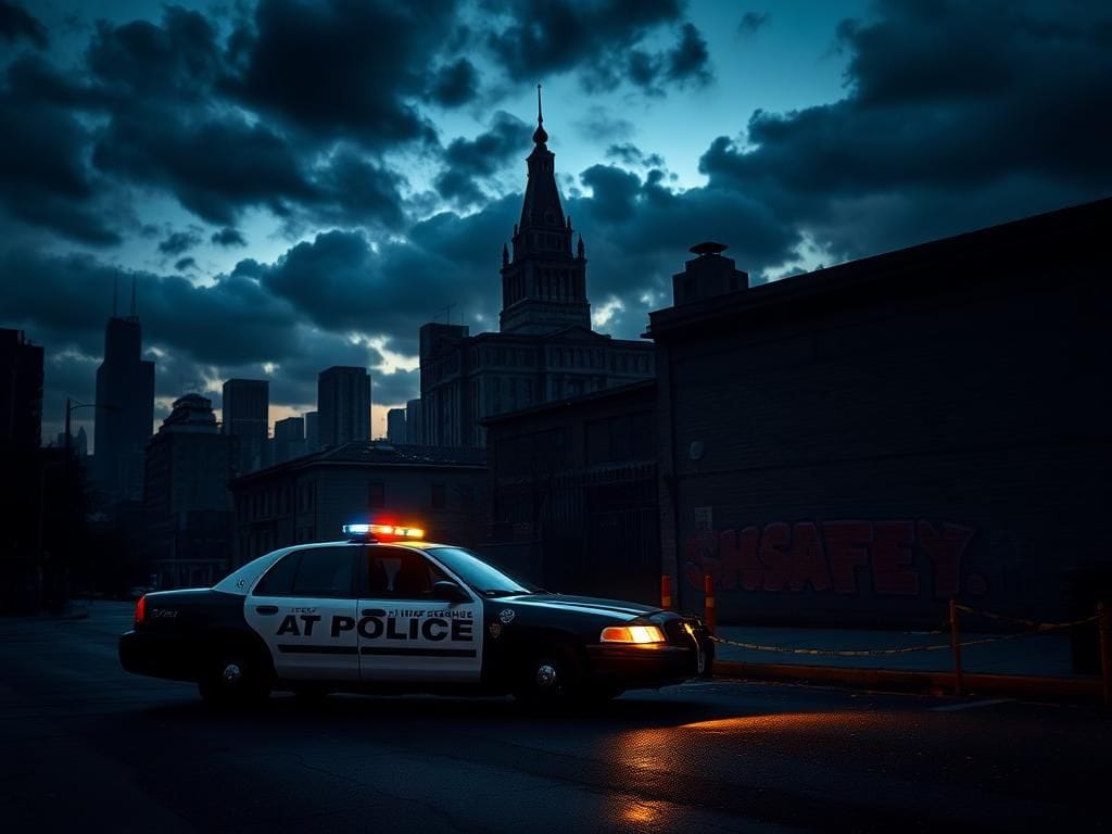 Flick International Chicago police car on a deserted street amidst urban tension
