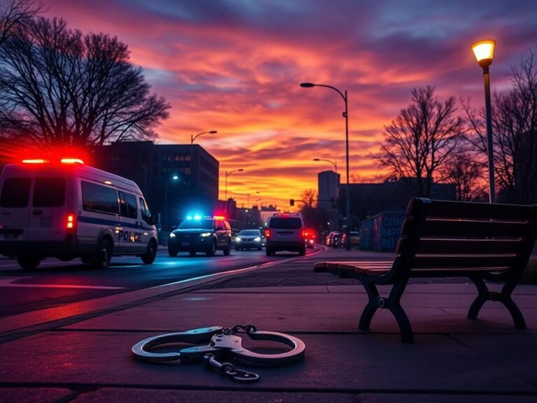 Flick International A bustling urban street scene at dusk with police vehicles and handcuffs symbolizing recent crime arrests