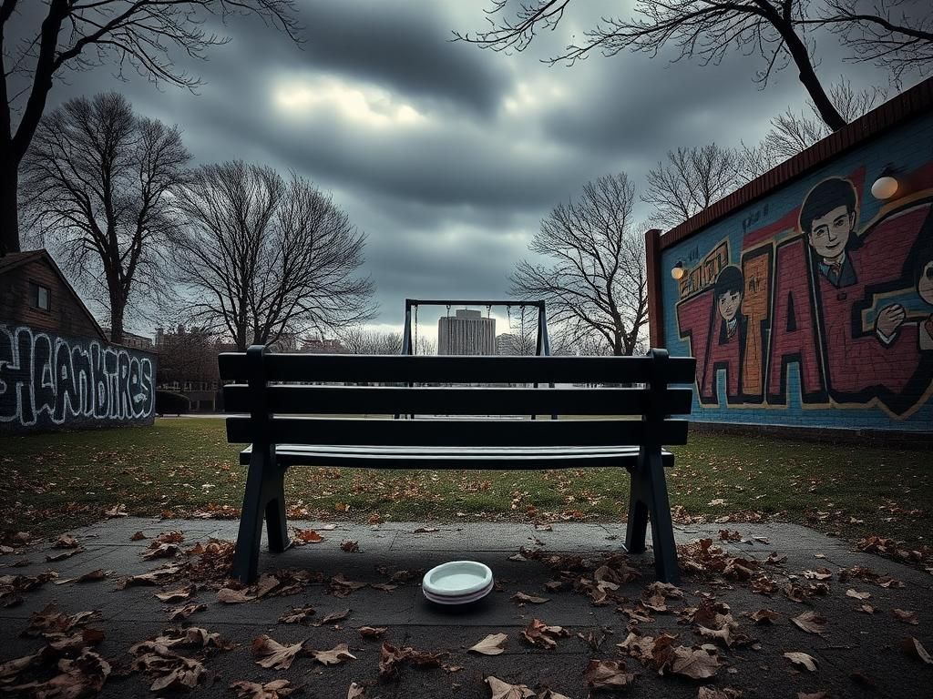 Flick International Somber park scene depicting an empty bench surrounded by fallen leaves and a discarded kippah, symbolizing recent antisemitic violence.