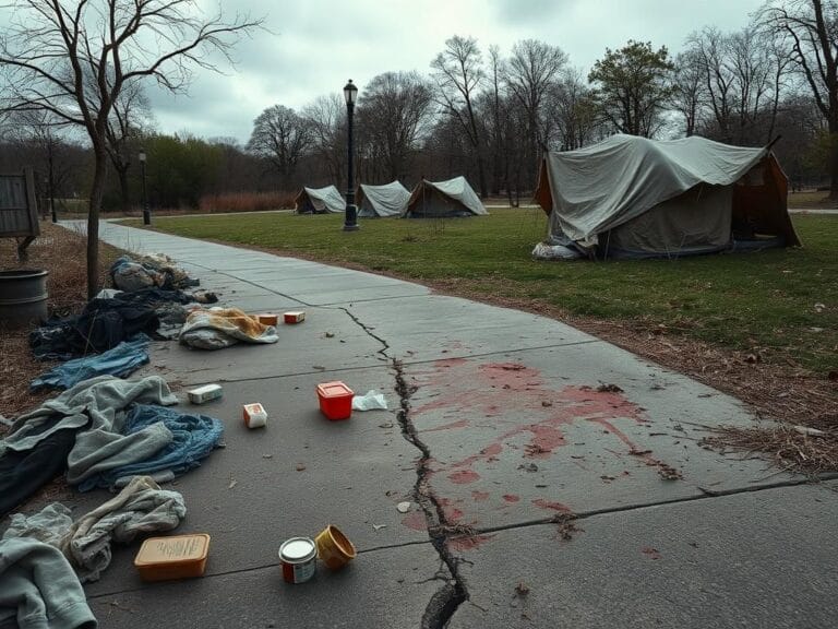 Flick International somber urban scene depicting a deserted park with remnants of homeless encampments in Washington, D.C.