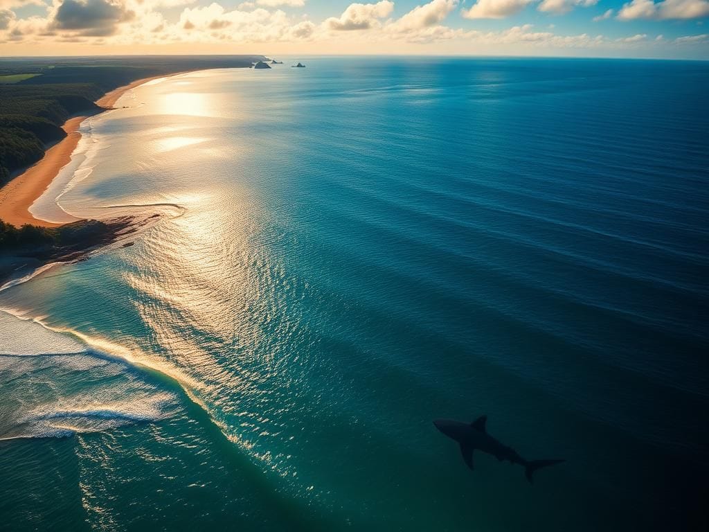 Flick International Great white shark lurking just beneath the surface of the ocean near Scarborough, Maine