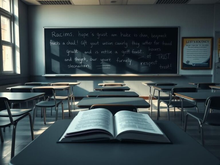 Flick International An empty high school classroom emphasizing the theme of racism and inclusivity.