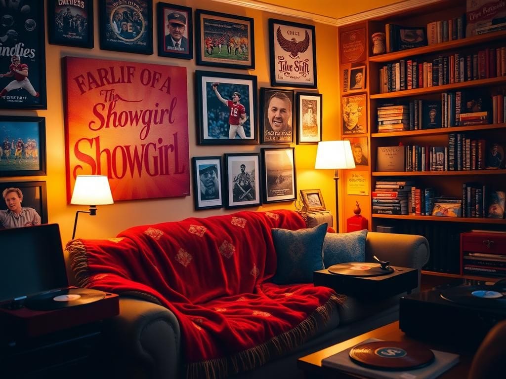 Flick International Cozy room filled with vibrant decorations representing Taylor Swift and Travis Kelce's shared values