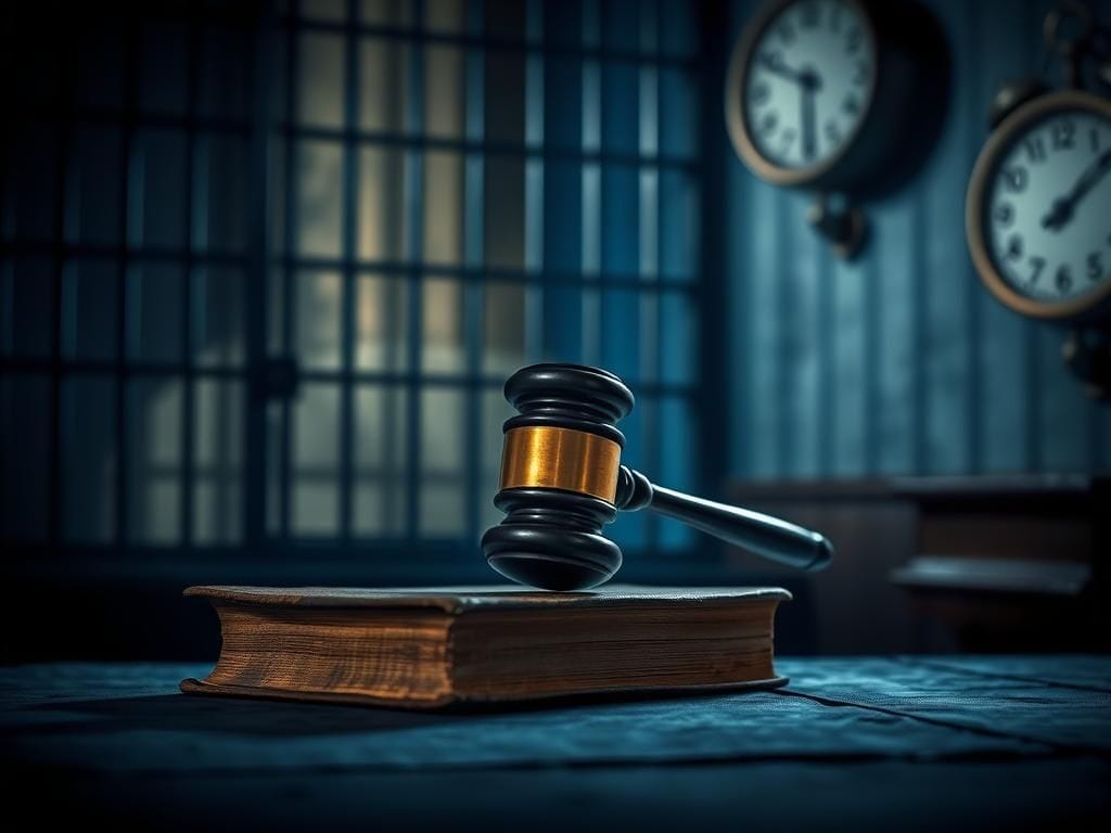 Flick International A solemn gavel resting on a weathered law book in a dimly lit courtroom, symbolizing the gravity of legal battles.