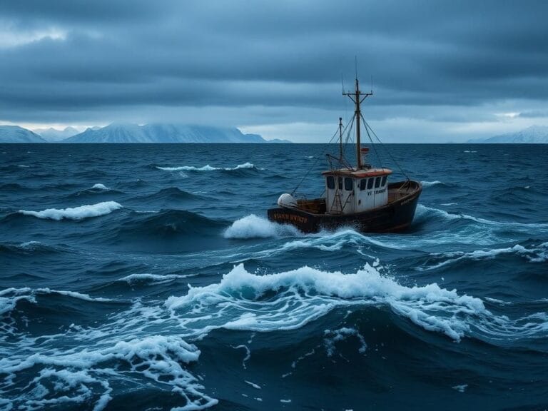Flick International A weathered fishing boat, the F/V Northwestern, anchored in the choppy Bering Sea under a moody, overcast sky