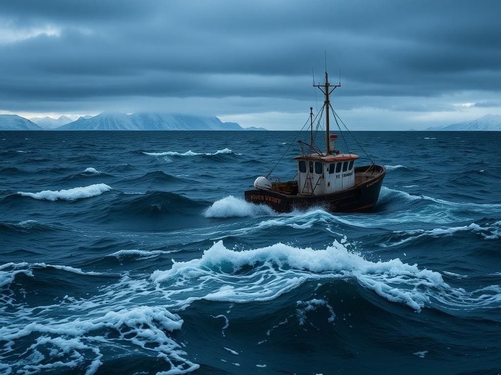 Flick International A weathered fishing boat, the F/V Northwestern, anchored in the choppy Bering Sea under a moody, overcast sky