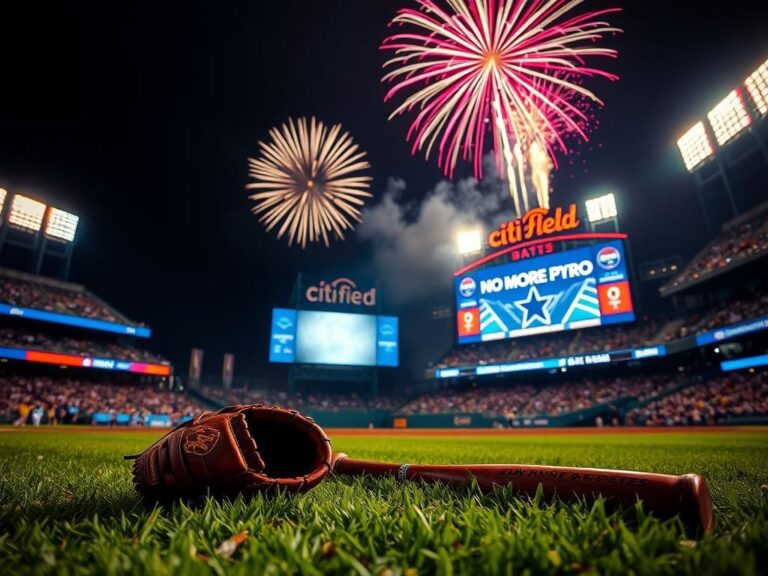 Flick International Nighttime baseball scene at Citi Field with fireworks and glowing stadium lights