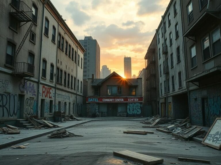 Flick International A gritty urban landscape depicting a neglected neighborhood with weathered buildings and vibrant murals.