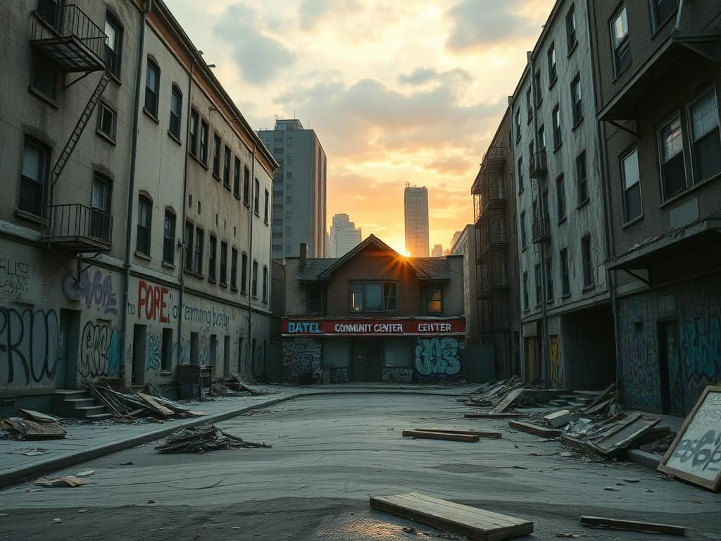 Flick International A gritty urban landscape depicting a neglected neighborhood with weathered buildings and vibrant murals.