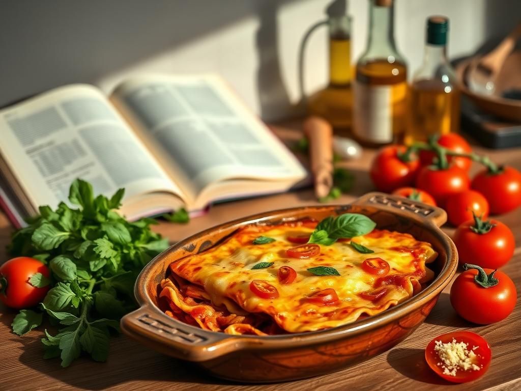 Flick International Vibrant vegetarian lasagna with fresh ingredients on a kitchen countertop