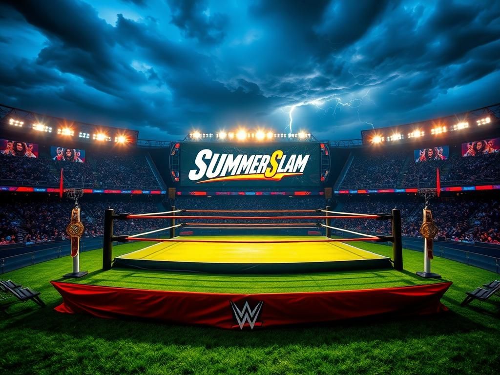 Flick International A vibrant wrestling ring setup at SummerSlam night, surrounded by bright lights and a dusky sky