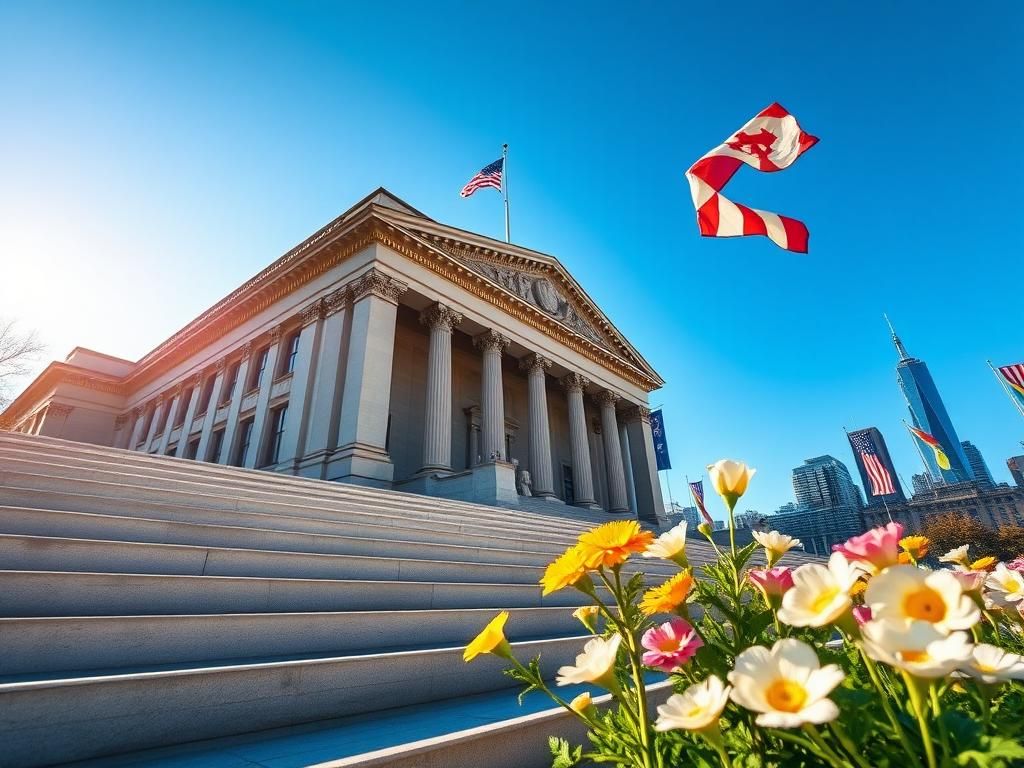 Flick International Low angle view of NYC City Hall with flags and vibrant flowers