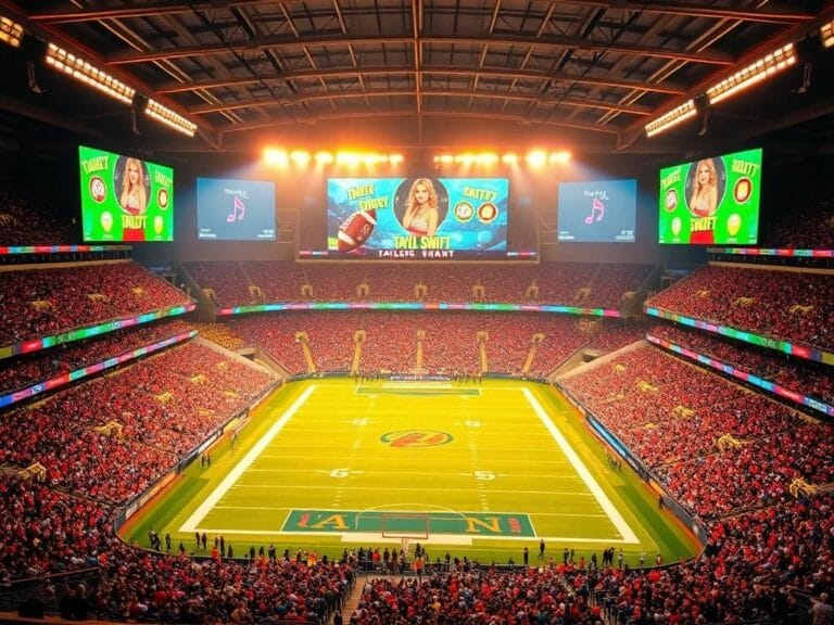 Flick International Vibrant sports stadium filled with colorful banners and jerseys, empty yet brimming with energy.