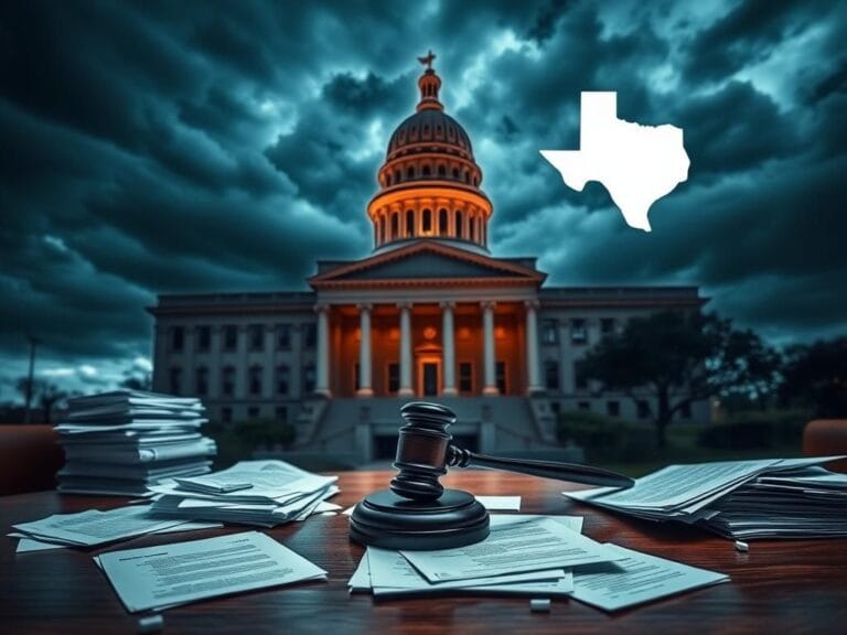 Flick International Dramatic scene of the Texas Capitol building under a stormy sky symbolizing political tension