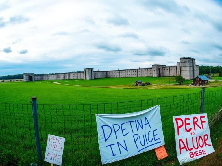 Flick International Panoramic view of an abandoned prison complex in rural Mason, Tennessee, with signs of community protest.