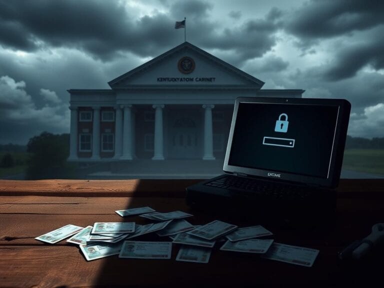 Flick International Weathered wooden desk with scattered driver’s licenses and dark clouds overhead, symbolizing corruption