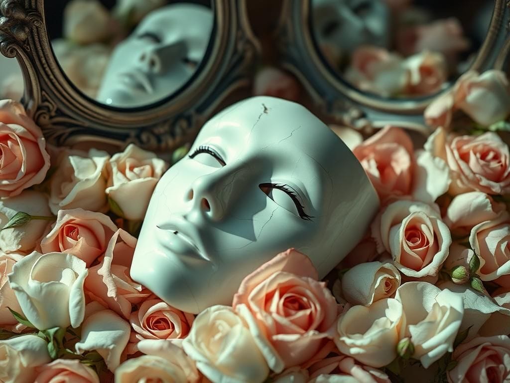 Flick International Delicate cracked porcelain mask on wilted roses symbolizing the beauty and peril of cosmetic enhancements