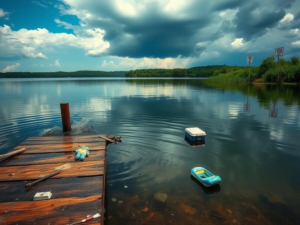 Flick International A chaotic lakeside scene at Lake Winterset captured after a brawl, featuring a submerged wooden dock and boat debris.