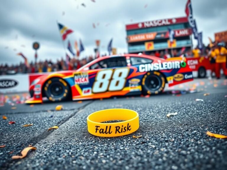 Flick International NASCAR Victory Lane featuring Connor Zilisch's No. 88 race car with confetti and a yellow wristband labeled 'Fall Risk' on an empty pit box