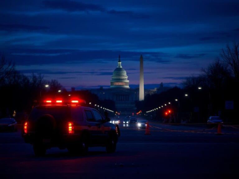 Flick International Dark skyline of Washington D.C. at dusk with illuminated landmarks and police vehicle