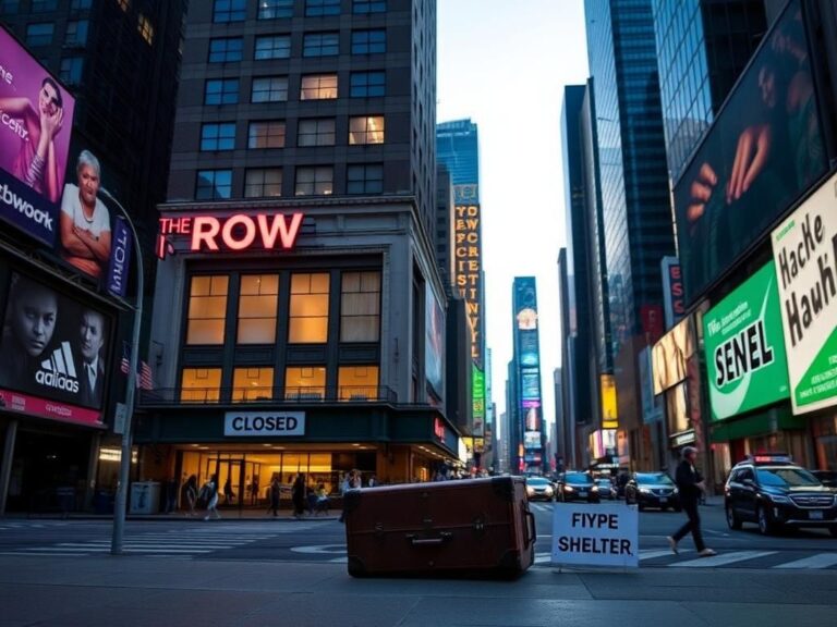 Flick International Twilight view of The Row hotel in Times Square with a 'Closed' sign, depicting the end of migrant housing operations.
