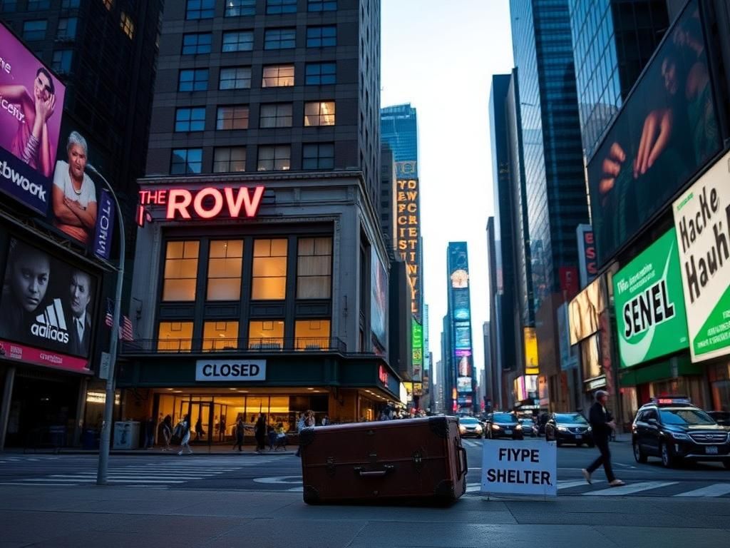 Flick International Twilight view of The Row hotel in Times Square with a 'Closed' sign, depicting the end of migrant housing operations.