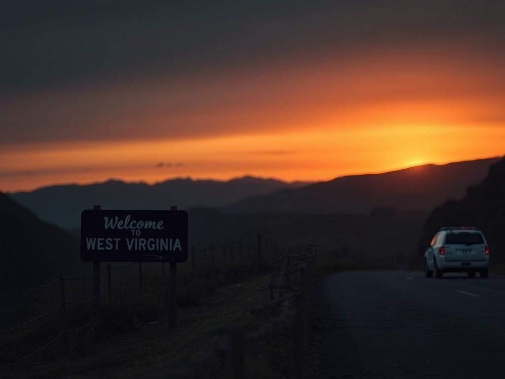 Flick International A desolate West Virginia road with barbed wire fences and a state police vehicle under a dusky sunset.