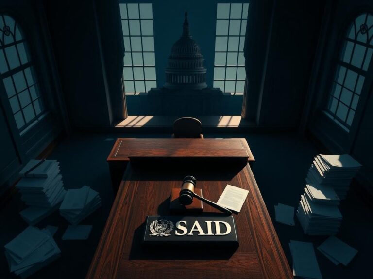 Flick International A bird's-eye view of a courtroom scene with a large wooden bench and legal documents