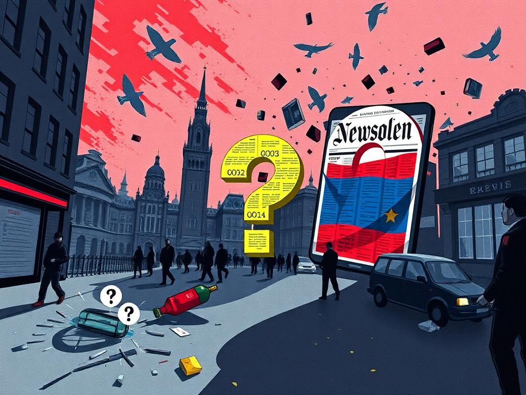 Flick International Illustration representing a news quiz with symbolic elements of recent events, including a broken bottle and shadows of Kremlin-like structures.