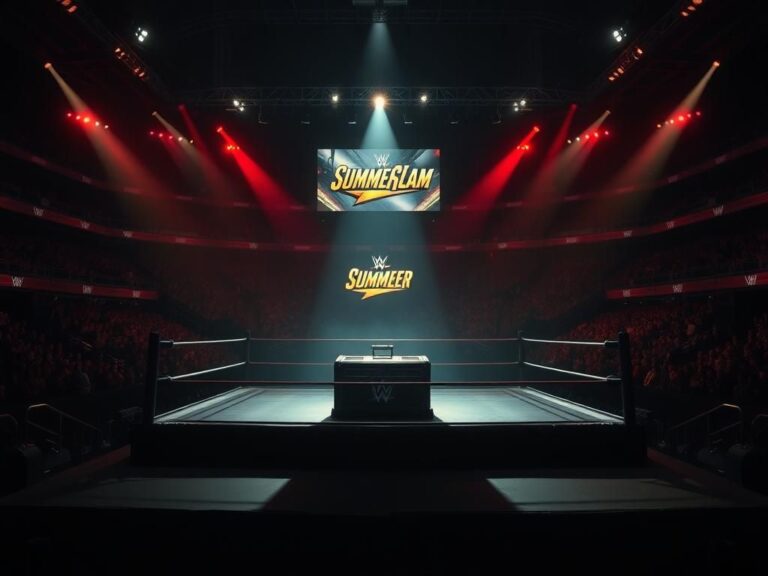 Flick International A dramatic wrestling arena with a spotlight on a Money in the Bank briefcase in the center of the ring