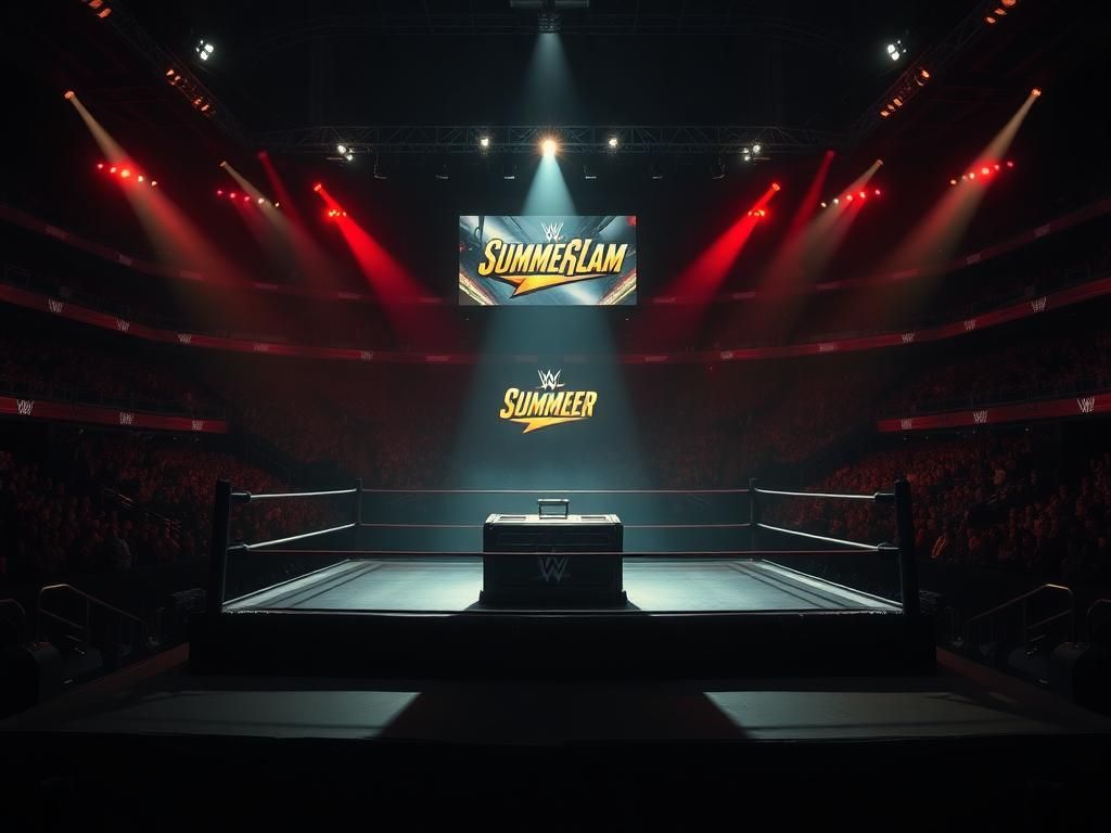 Flick International A dramatic wrestling arena with a spotlight on a Money in the Bank briefcase in the center of the ring