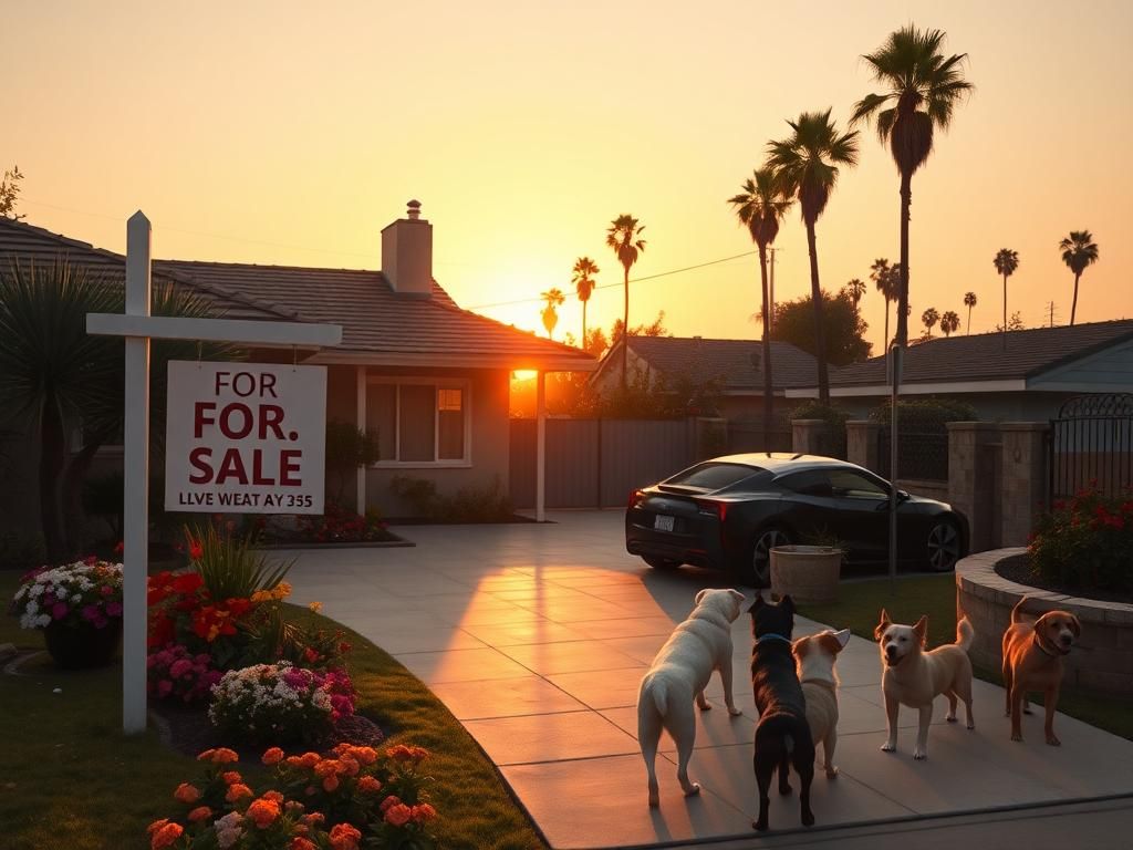 Flick International Cozy, empty Los Angeles home with a 'For Sale' sign and colorful flowers in the yard