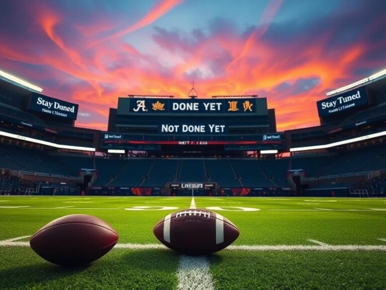 Flick International A vibrant football stadium under twilight with empty seats and a football on the field