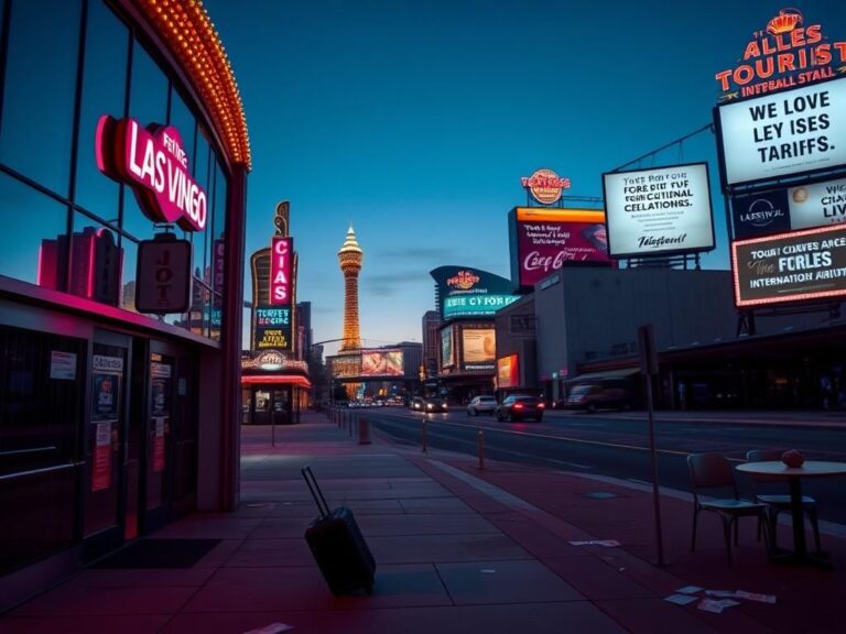 Flick International A desolate Las Vegas skyline at dusk with dimmed neon lights of the Strip and an empty casino entrance