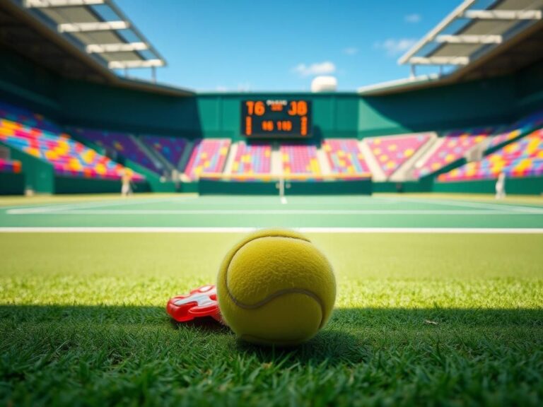 Flick International A tennis court during a match with empty stands and a child's toy on the ground