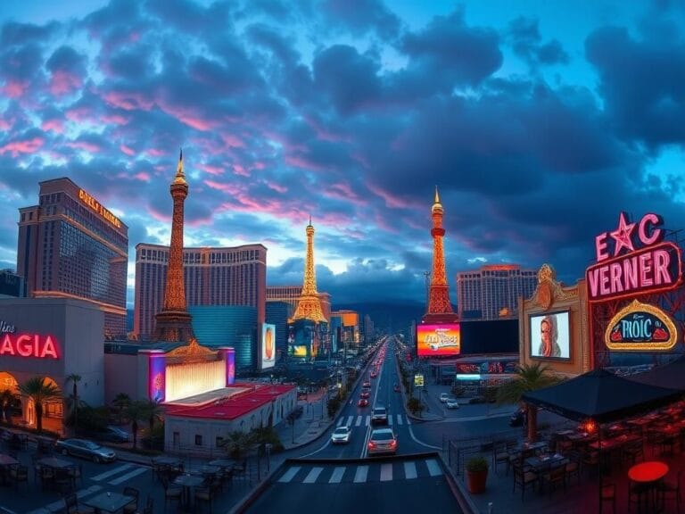 Flick International A panoramic view of the Las Vegas Strip at dusk with iconic landmarks and few tourists