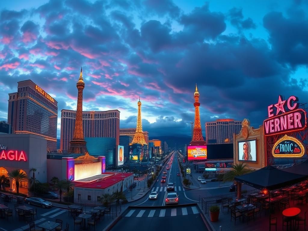 Flick International A panoramic view of the Las Vegas Strip at dusk with iconic landmarks and few tourists