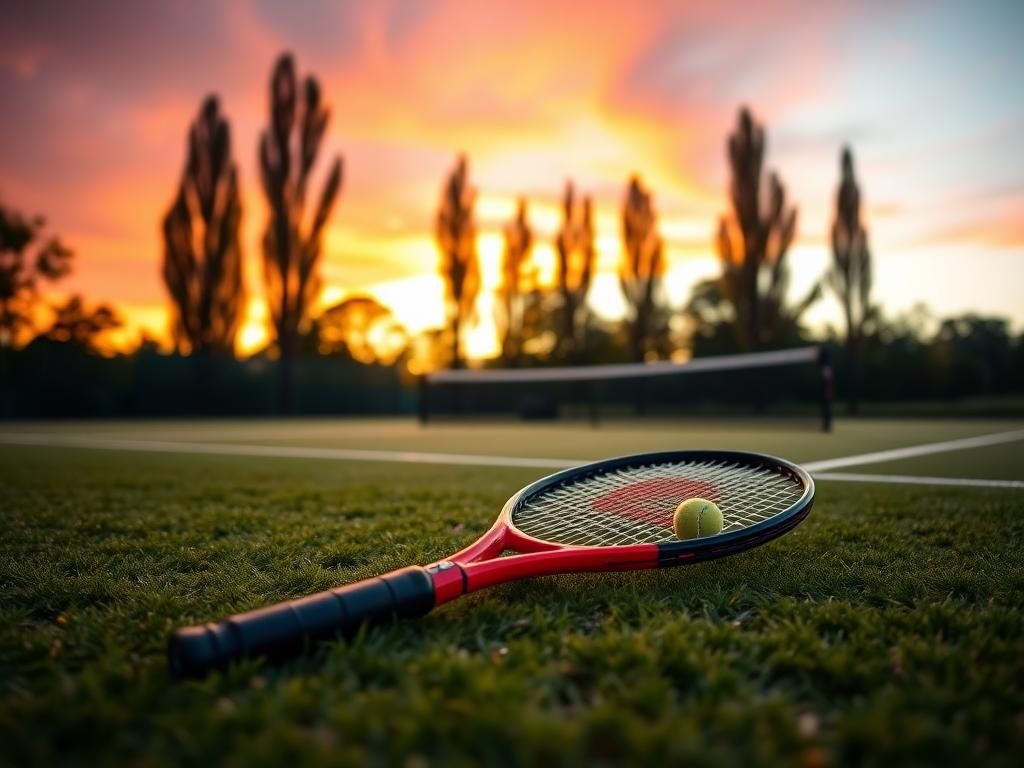 Flick International A serene tennis court at sunrise with a lone racket and ball, symbolizing Monica Seles' journey