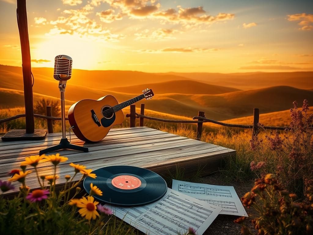 Flick International Serene country music landscape featuring a rustic stage with vintage microphones and a classic acoustic guitar.