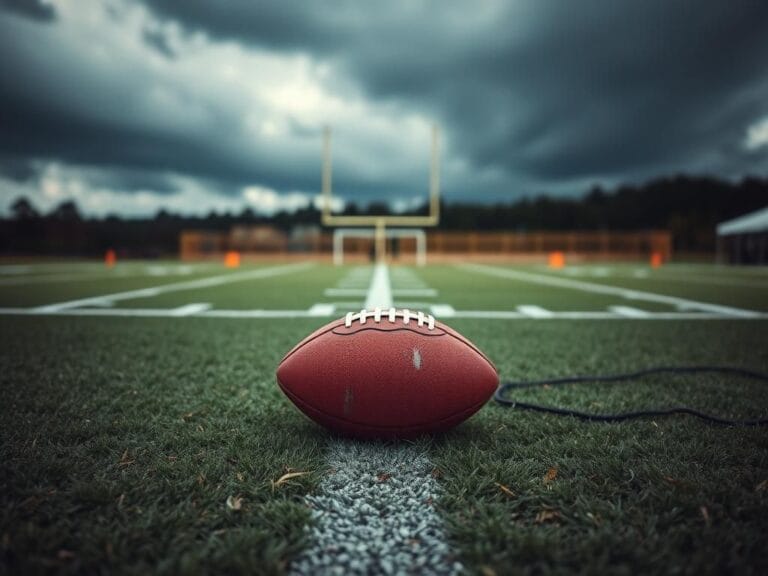 Flick International Empty football field with a single scuffed football on the grass, conveying tension during training camp.