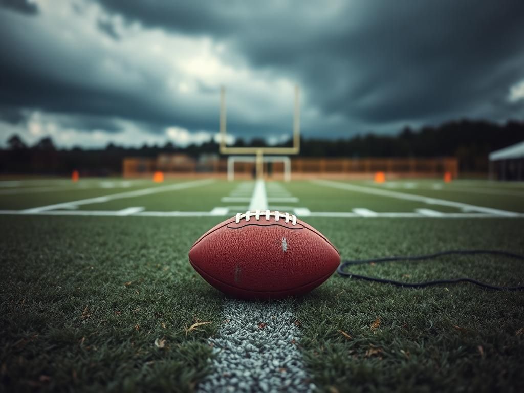Flick International Empty football field with a single scuffed football on the grass, conveying tension during training camp.